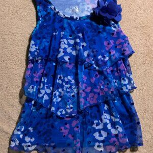Justice Sz 7 Girls Blue Layered Ruffle‎ Tank Cheetah Print Sequins (G)